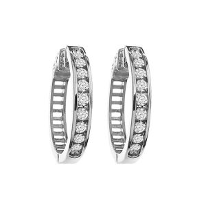 LADIES HOOP EARRINGS 1.00CT ROUND DIAMOND 14K WHITE GOLD