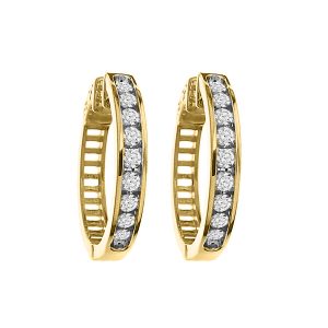LADIES HOOP EARRINGS 1.00CT ROUND DIAMOND 14K YELLOW GOLD