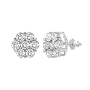 LADIES FLOWER EARRINGS 1.00CT ROUND DIAMOND 10K WHITE GOLD