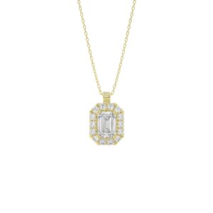 14K YELLOW GOLD 1 3/8CT ROUND EMERALD DIAMOND LADIES PENDANT WITH CHAIN (CENTER STONE EMERALD DIAMOND 1CT )