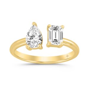 LADIES RING 1CT EMERALD/PEAR DIAMOND 14K YELLOW GOLD