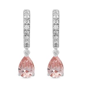 LADIES HOOPS EARRINGS  2CT ROUND/PEAR DIAMOND 14K WHITE GOLD (CENTER STONE PINK PEAR DIAMOND 3/4CT )