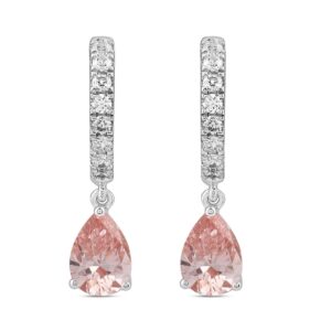 14K WHITE/ROSE GOLD 2.00CT ROUND/PINK PEAR DIAMOND LADIES HOOPS EARRINGS