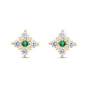 14K YELLOW GOLD 1 1/2CT ROUND DIAMOND LADIES EARRINGS (GREEN EMERALD ROUND 2 STONE)