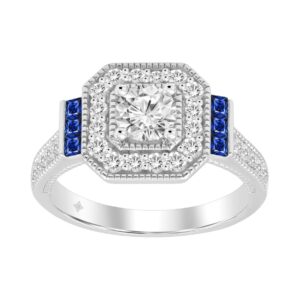 LADIES RING 1CT ROUND/PRINCESS BLUE SAPPHIRE DIAMOND 14K WHITE GOLD (CENTER STONE ROUND DIAMOND 1/6CT )