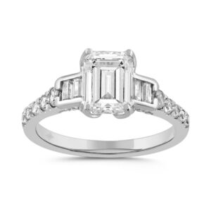LADIES RING 3CT ROUND/BAGUETTE/EMERALD DIAMOND 14K WHITE GOLD (CENTER STONE EMERALD DIAMOND 2CT )