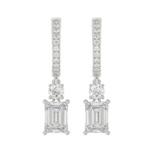 LADIES EARRINGS 2 1/2CT ROUND/EMERALD DIAMOND 14K WHITE GOLD