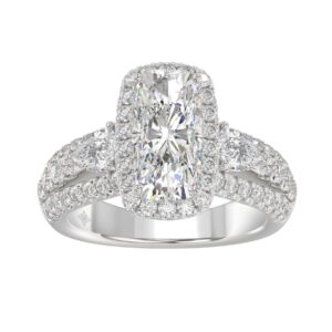 Ladies 14K White Gold 3 1/2CT Featuring Fashion Ring  with Round, Pear & Cushion Diamond 2.00CT Cushion  Center stone (Color F-G -Clarity VS1/VS2)