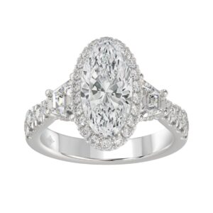 14K White Gold Halo Engagement Ring with Side Stones, 3 1/4CT Round, Baguette,Trapezoid Diamond & 2.00CT Oval Center stone (Color F-G -Clarity VS1/VS2