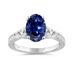 14K WHITE GOLD 3.00CT ROUND/PEAR/OVAL DIAMOND LADIES RING (CENTER STONE BLUE OVAL DIAMOND 2CT)