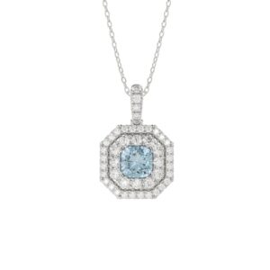 14K WHITE GOLD 1 1/2CT ROUND/BLUE CUSHION DIAMOND LADIES PENDANT WITH CHAIN