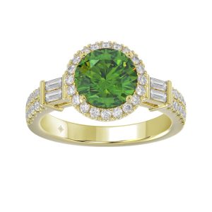 14K YELLOW GOLD 2 1/2CT ROUND/BAGUETTE DIAMOND LADIES RING (CENTER STONE GREEN EMERALD ROUND DIAMOND 2CT)
