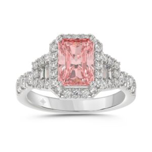 14K WHITE GOLD 2 3/4CT ROUND/BAGUETTE/RADIANT DIAMOND LADIES RING (CENTER STONE PINK RADIANT DIAMOND 2CT)
