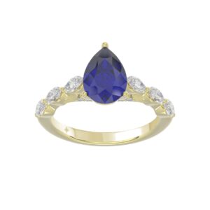 14K YELLOW GOLD 3.00CT ROUND/MARQUISE/BLUE SAPPHIRE PEAR DIAMOND LADIES RING (CENTER STONE BLUE SAPPHIRE PEAR DIAMOND 2 1/4CT)