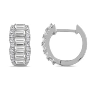 14K WHITE GOLD 1 3/4CT ROUND/EMERALD DIAMOND HOOP EARRINGS