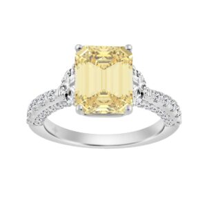 14K WHITE GOLD 4.00CT ROUND/EMERALD/HALF MOON DIAMOND LADIES RING (CENTER STONE YELLOW EMERALD DIAMOND 3.00CT)
