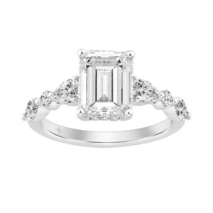 14K White Gold Emerald Cut Diamond Classic Bridal Ring for Ladies 4.00CT with Pear Round & Marquise Diamond 3.00CT Emerald Center stone (Color F-G