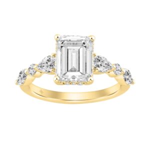 14K Yellow Gold Emerald Cut Diamond Classic Bridal Ring for Ladies 4.00CT with Pear Round & Marquise Diamond 3.00CT Emerald Center stone (Color F-